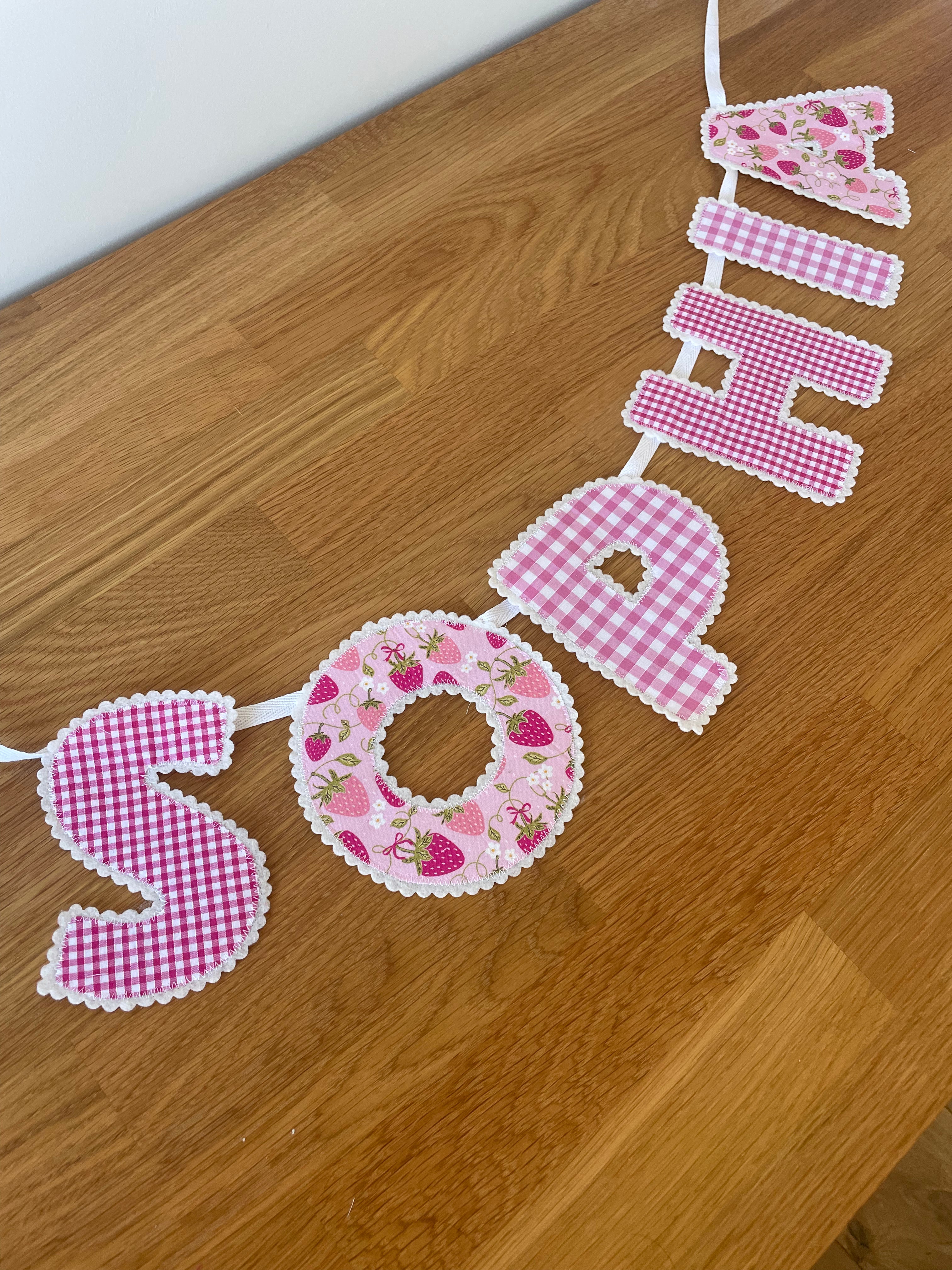 Pink Strawberry Gingham Personalised Name Banner