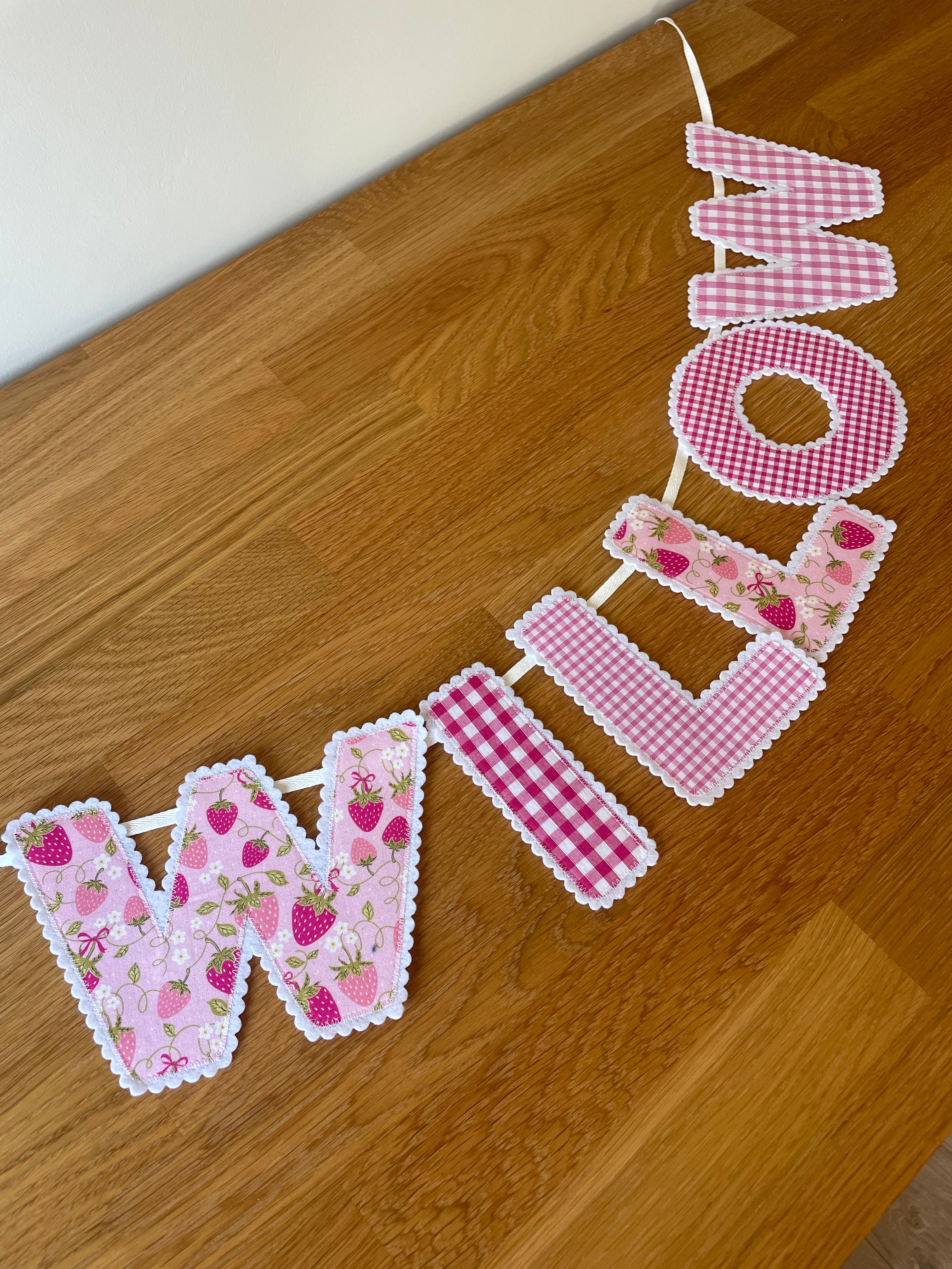 Pink Strawberry Gingham Personalised Name Banner